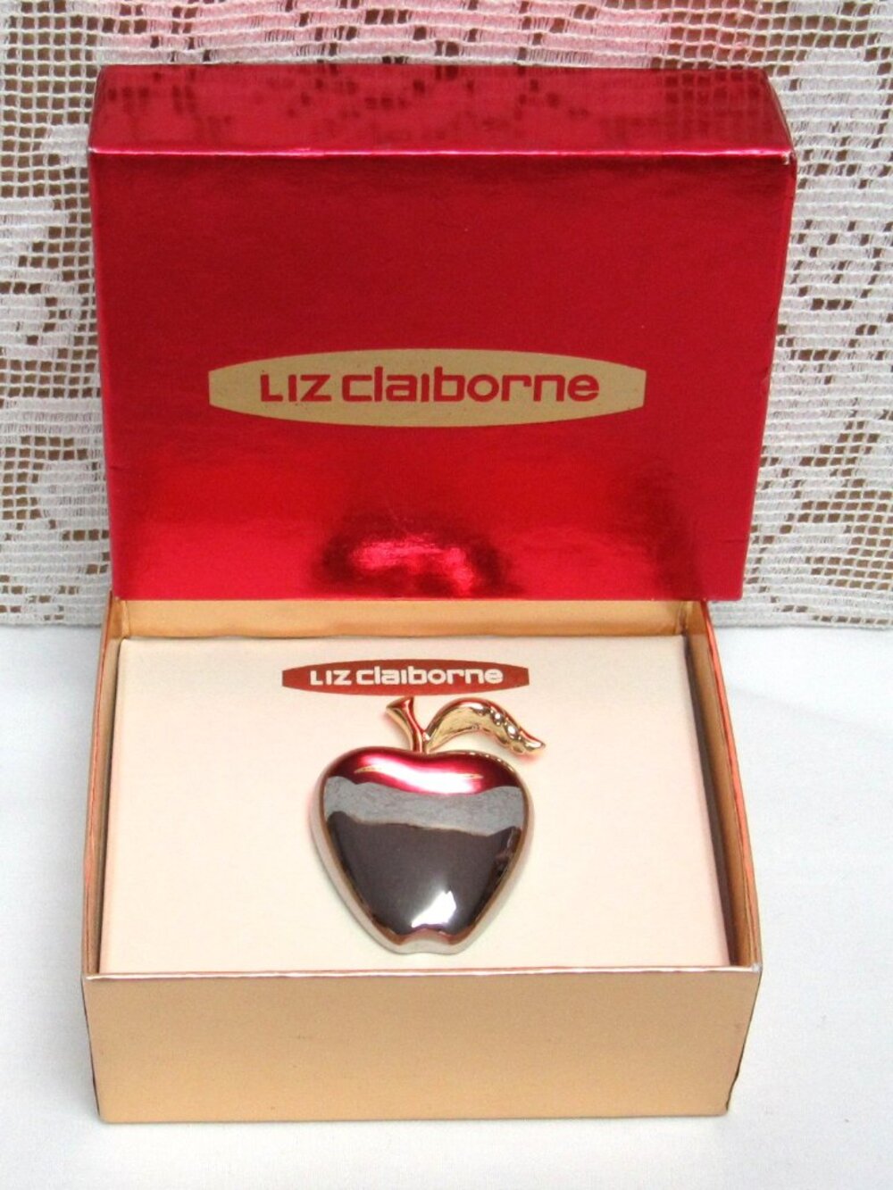 Vintage LIZ CLAIBORNE Apple PIN Brooch Silver Gold Two Tone In Box
